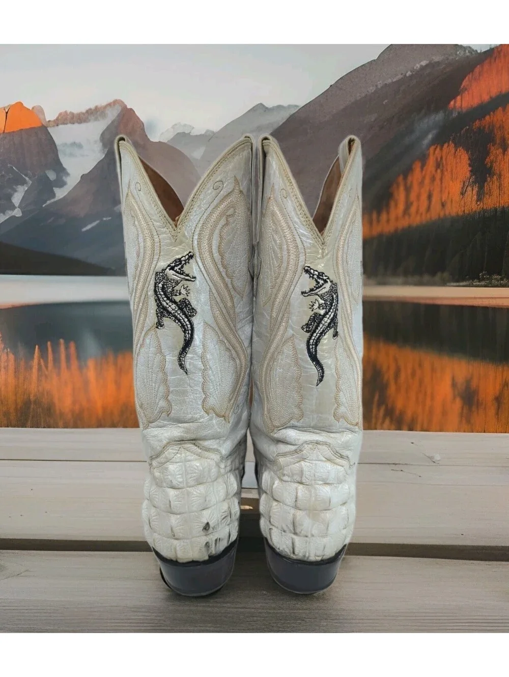 Exotic Caiman Hornback Crocodile Cowboy Boots IVORY BONE WHITE Western Mens 9.5